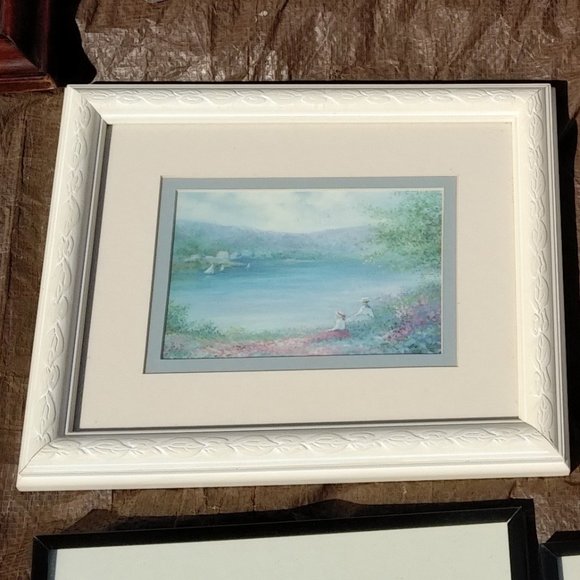 TWO WOMEN WATCHING SAILBOATS ON A SERENE LAKE PRINT IN IVORY WOOD FRAME & 2 MATS - Picture 4 of 8